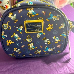 NWT Loungefly Disney Parks WDW 50th Anniversary Gold Blue Mickey Crossbody & Pin